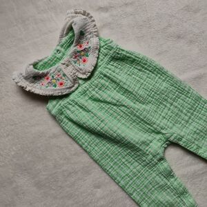 Super Cute Cotton Muslin Romper | Embroidered Gingham Print Green White | 3-6M